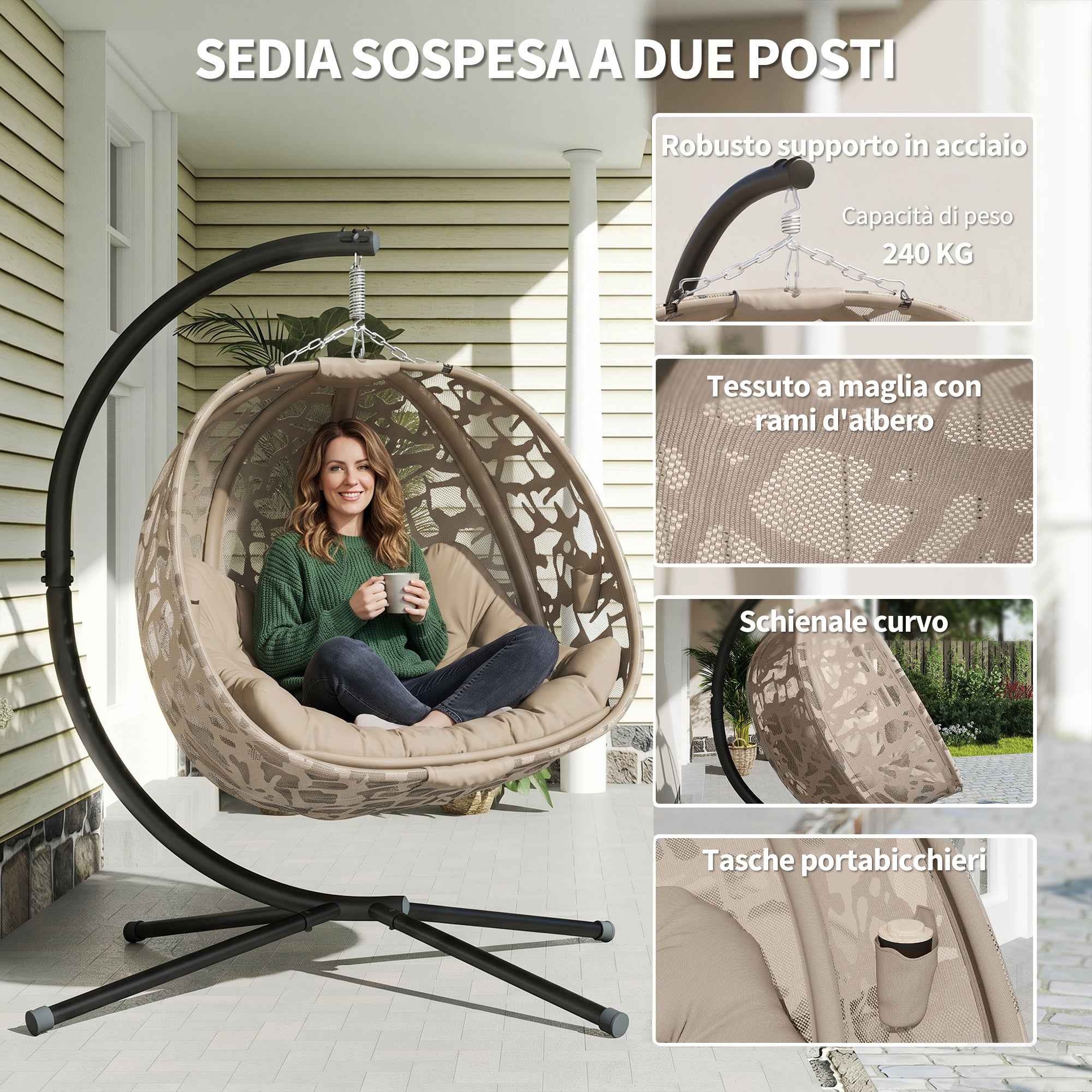 Outsunny 2-Seater Hanging Chair with 2 Pockets, 2 Cushions and Folding Basket, 126x126x176 cm