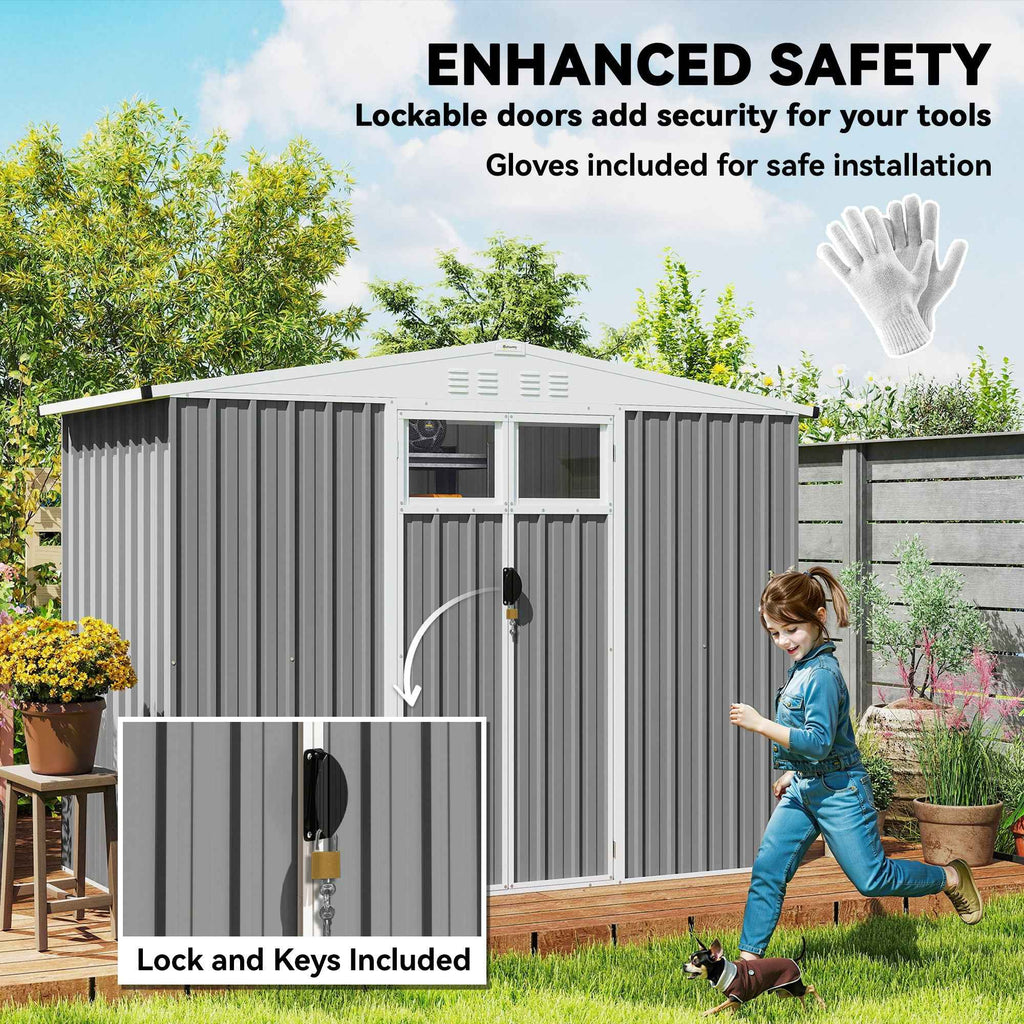 Outsunny Galvanized Steel Garden Storage Shed with 2 Doors, 246x117x180 cm, Light Grey