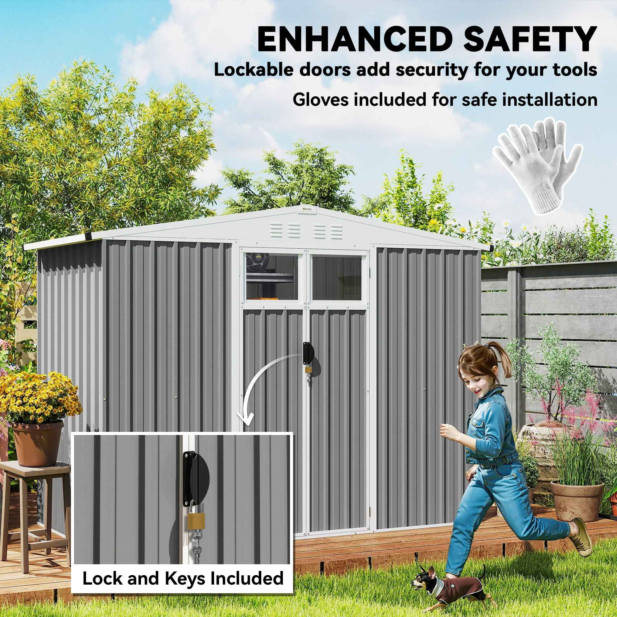 Outsunny Galvanized Steel Garden Storage Shed with 2 Doors, 246x117x180 cm, Light Grey
