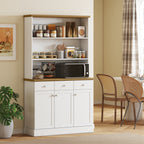 Kitchen Pantry with 3 Open Shelves, 3 Drawers and 2 Cabinets, Wooden, 101x39x180.5 cm, White and Wood Color