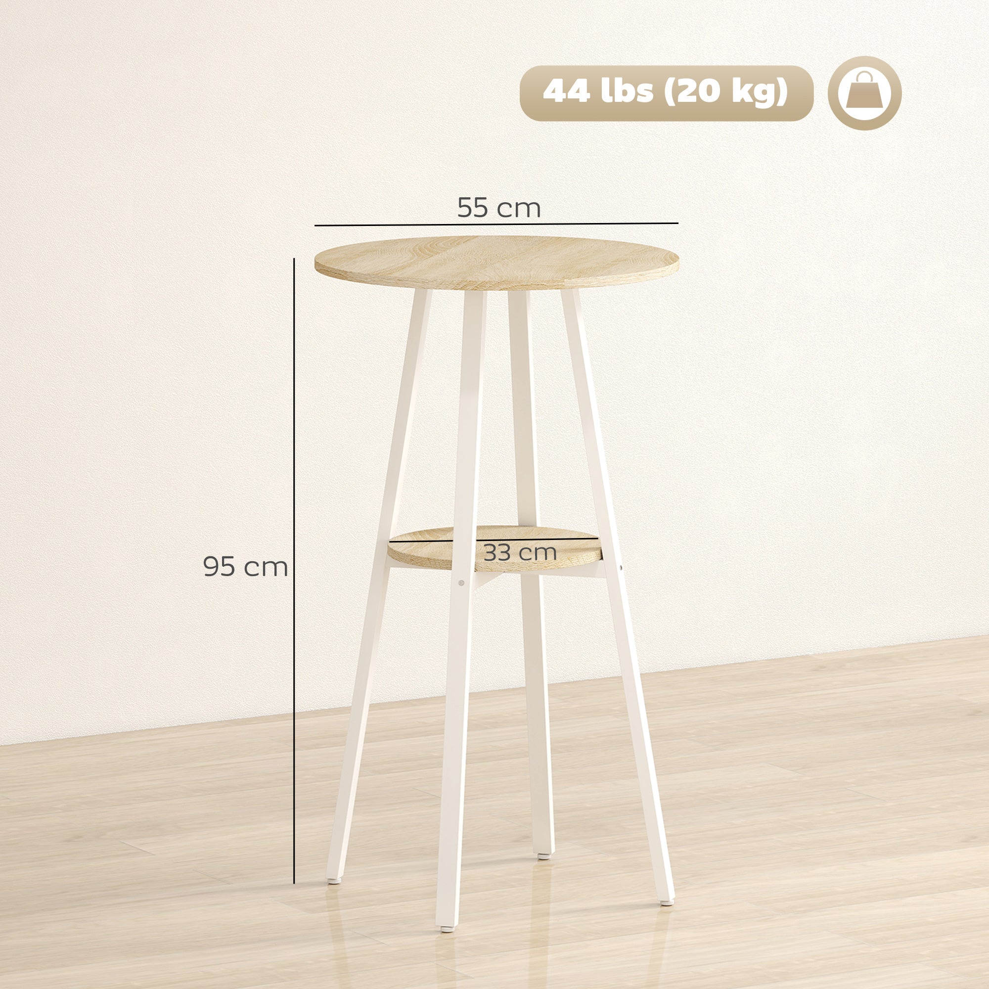 HOMCOM Round High Table with Shelf, Modern Kitchen or Dining Table, for 2 People, Natural and White