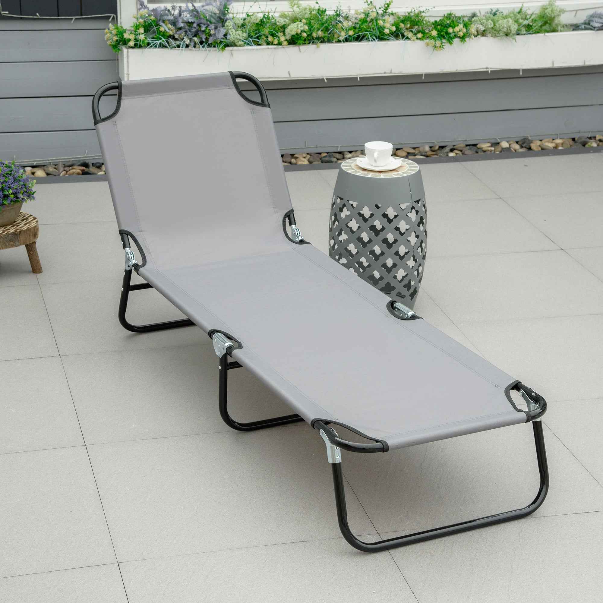 Outsunny Folding Garden Lounger with Adjustable Backrest, Steel and Oxford Fabric, 188x56x28cm, Grey