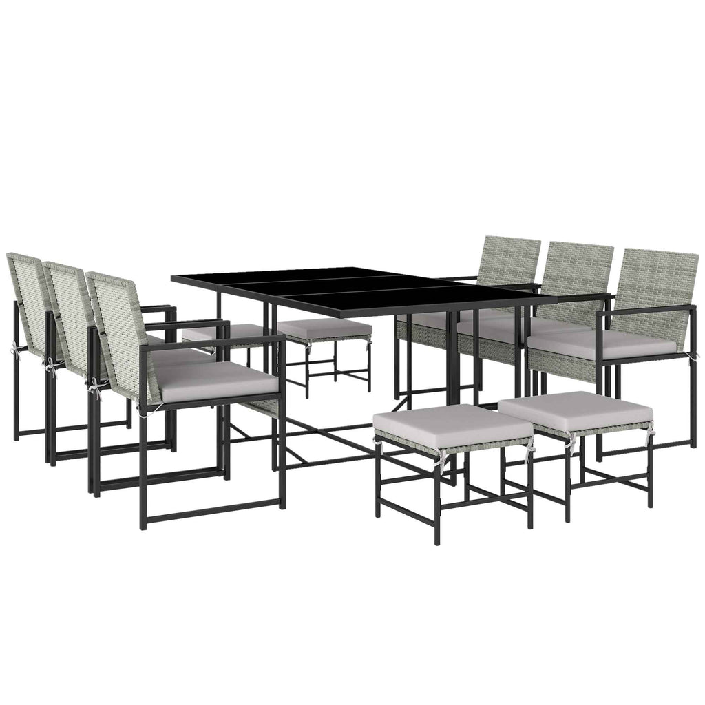 Outsunny 11-Piece Patio Dining Set, Outdoor Furniture with 6 Armchairs, 4 Ottomans, Grey