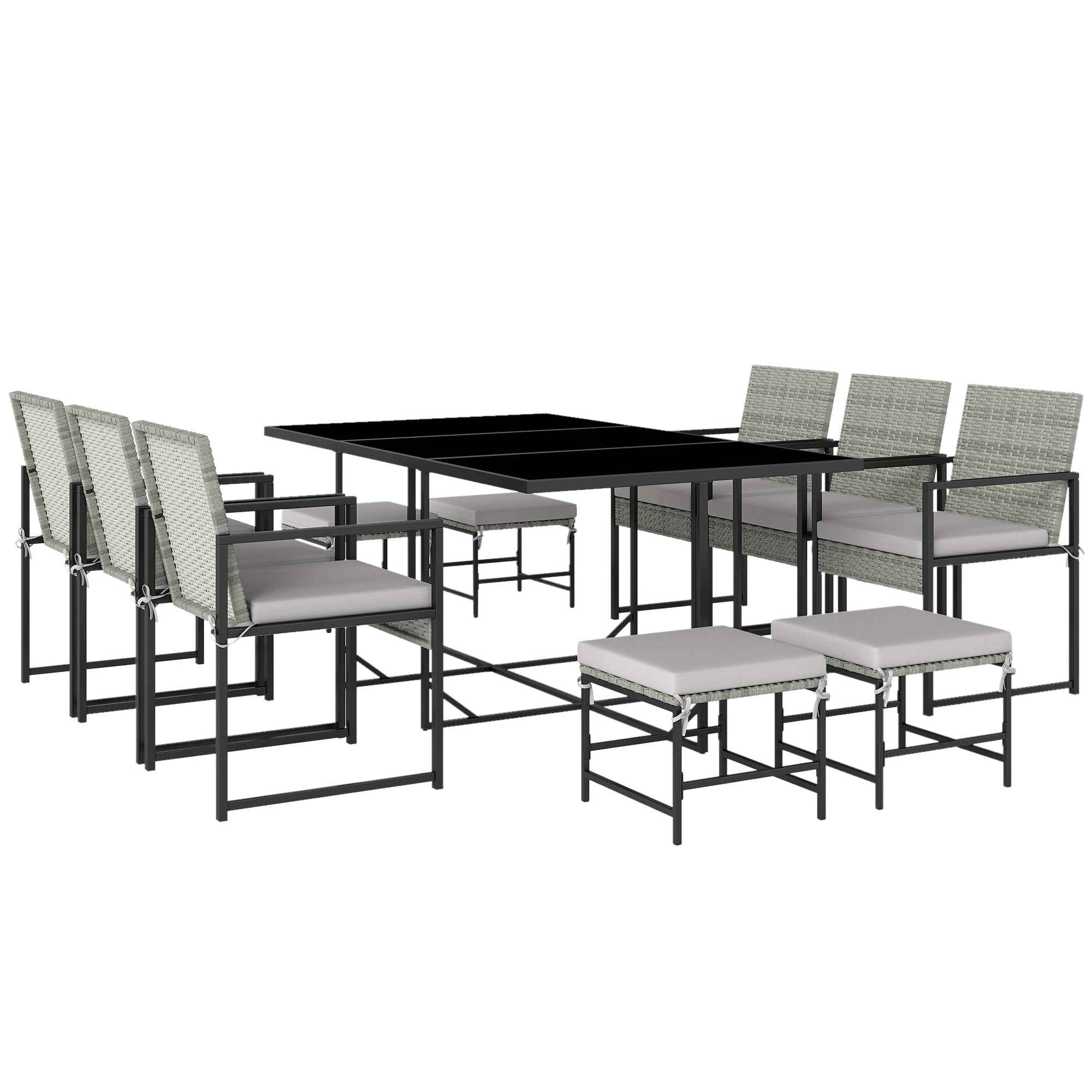 Outsunny 11-Piece Patio Dining Set, Outdoor Furniture with 6 Armchairs, 4 Ottomans, Grey