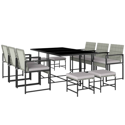 Outsunny 11-Piece Patio Dining Set, Outdoor Furniture with 6 Armchairs, 4 Ottomans, Grey