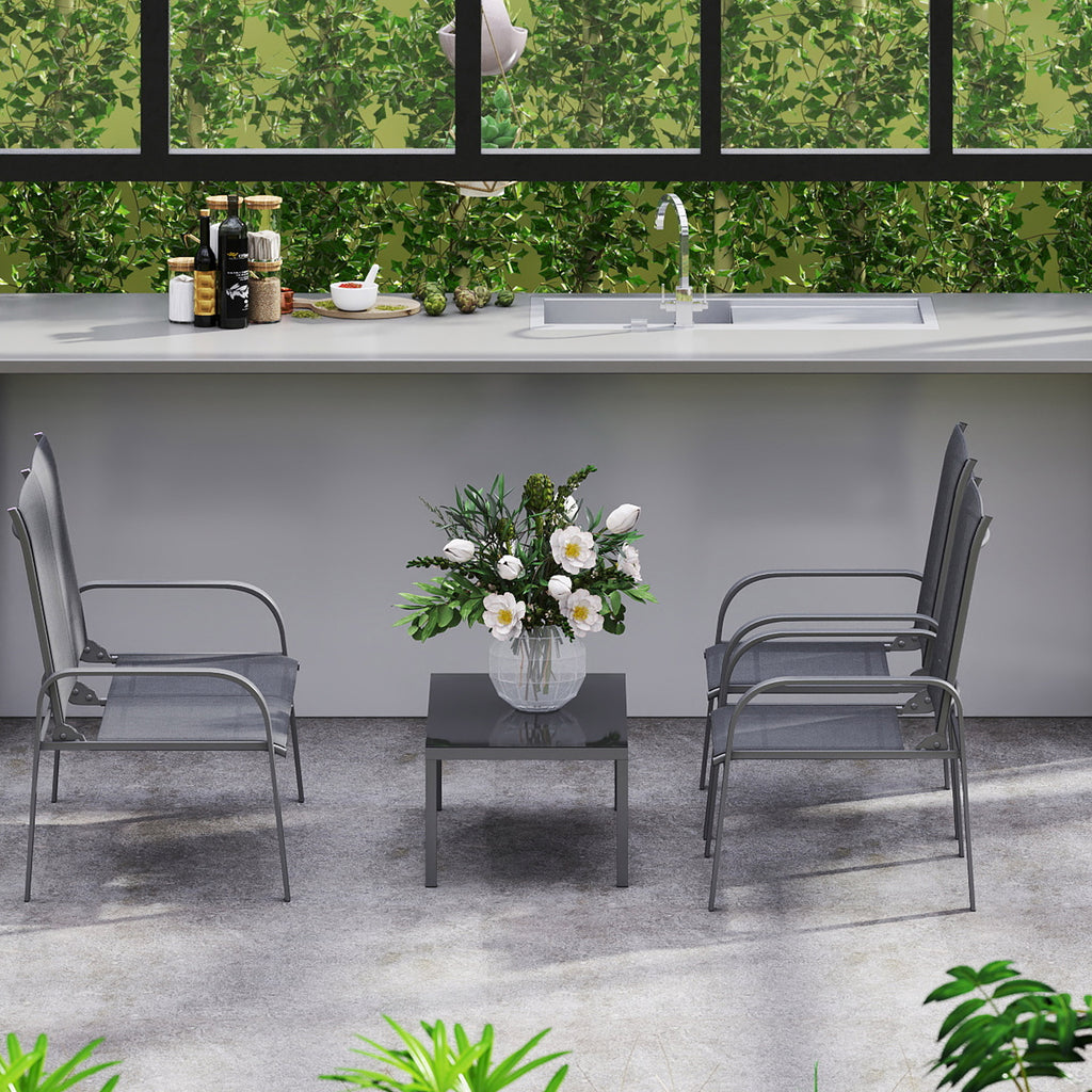 4-Piece Outdoor Set with Coffee Table, 2 Chairs and Sofa with Adjustable Backrest, in Steel and Black Textilene