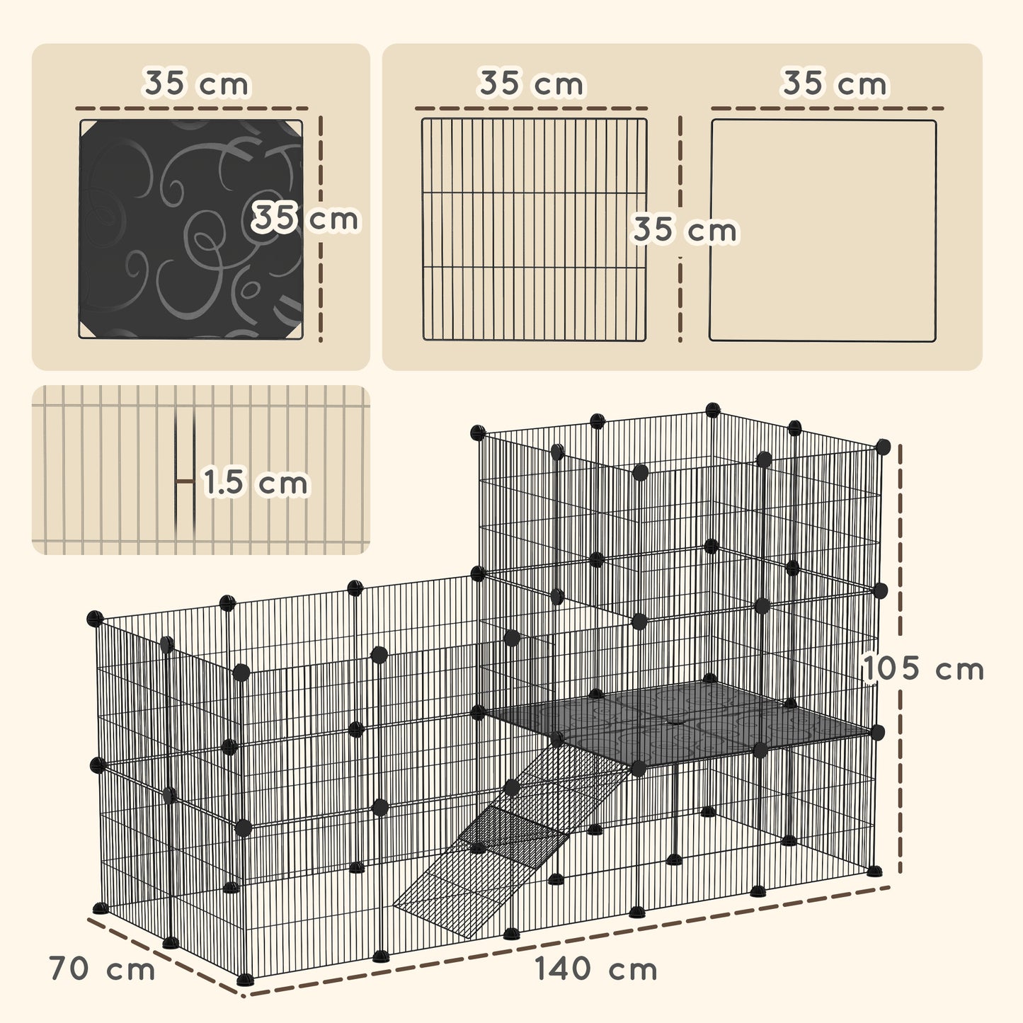 Modular and Multilevel Pet Run with 39 Panels, Steel and PP, 140x70x105 cm, Black