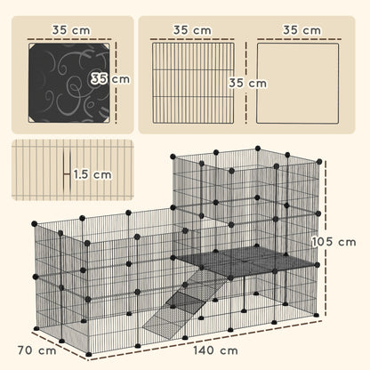 Modular and Multilevel Pet Run with 39 Panels, Steel and PP, 140x70x105 cm, Black