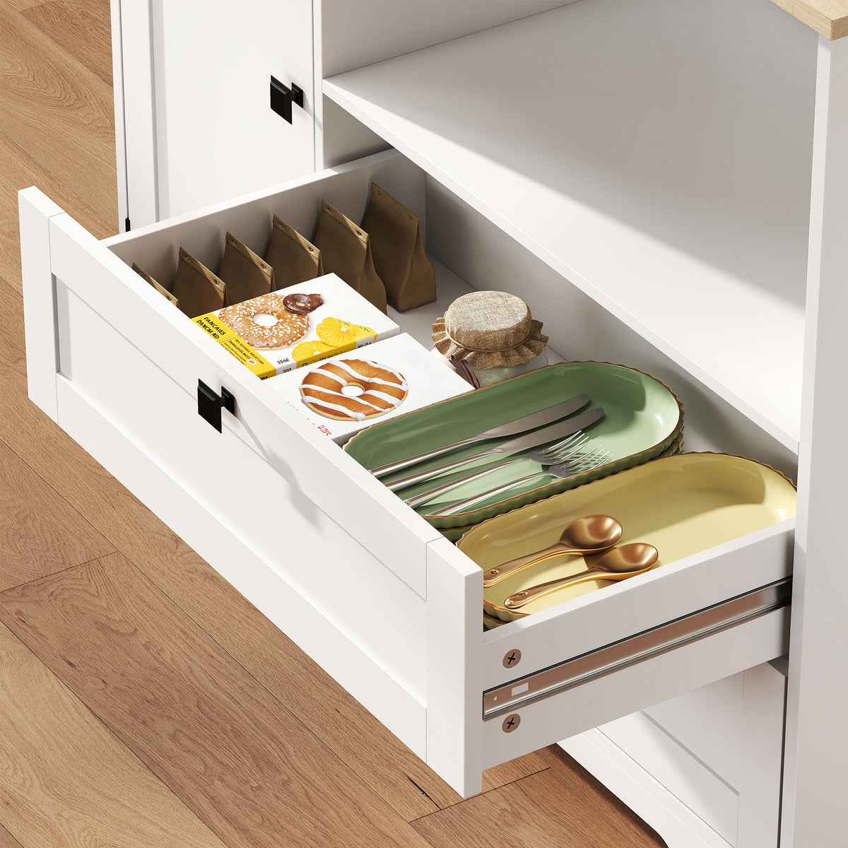 HOMCOM Kitchen Sideboard with 3 Cabinets, 2 Drawers, Adjustable Shelves and Spice Rack, 100x40x62 cm, White