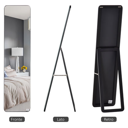 Floor and Wall Mirror with Wooden Structure and Folding Support, 37x43x156cm, Black