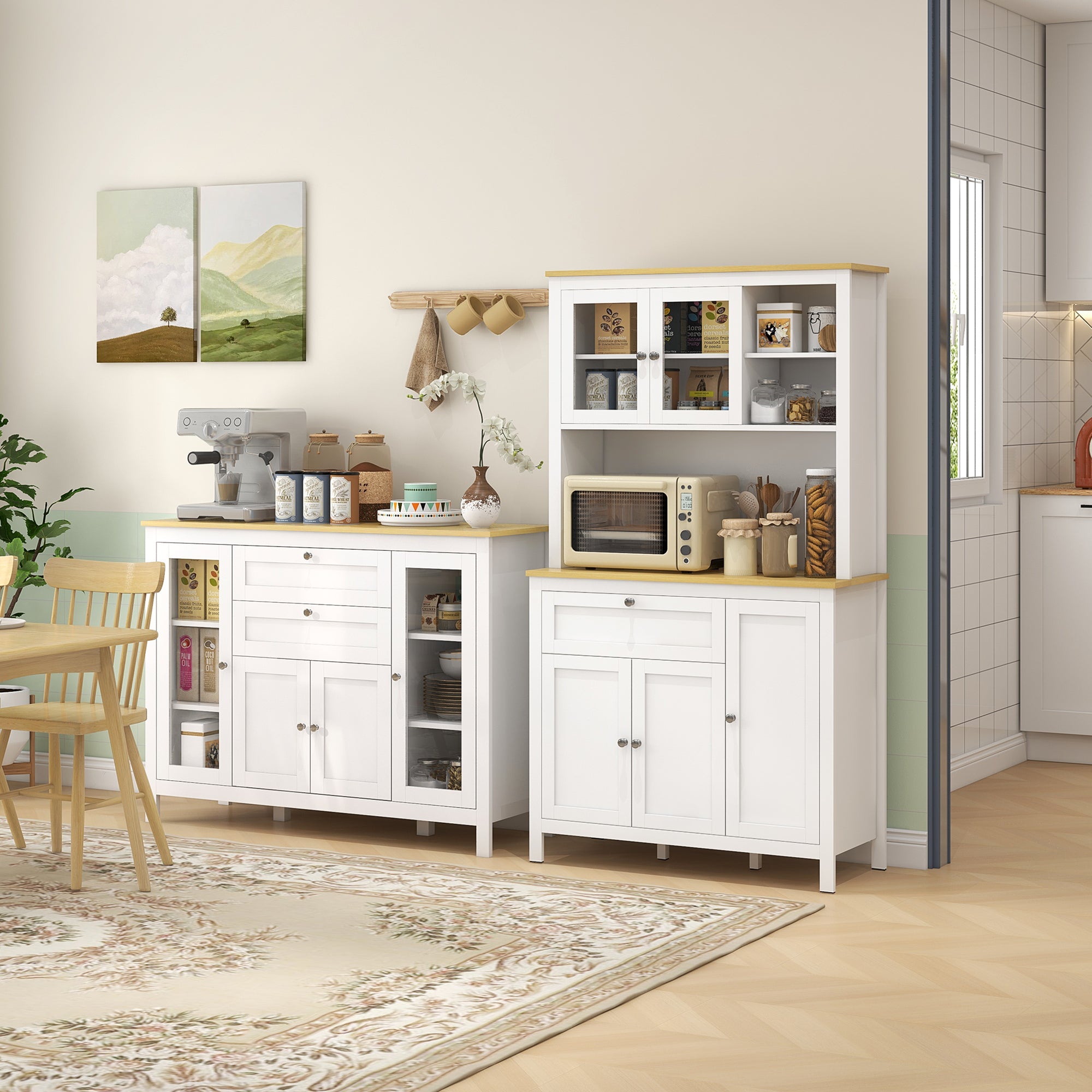 Kitchen Cabinet with 2 Drawers and 3 Cupboards, Glass Doors and Adjustable Shelves, 120x40x90 cm, White and Oak