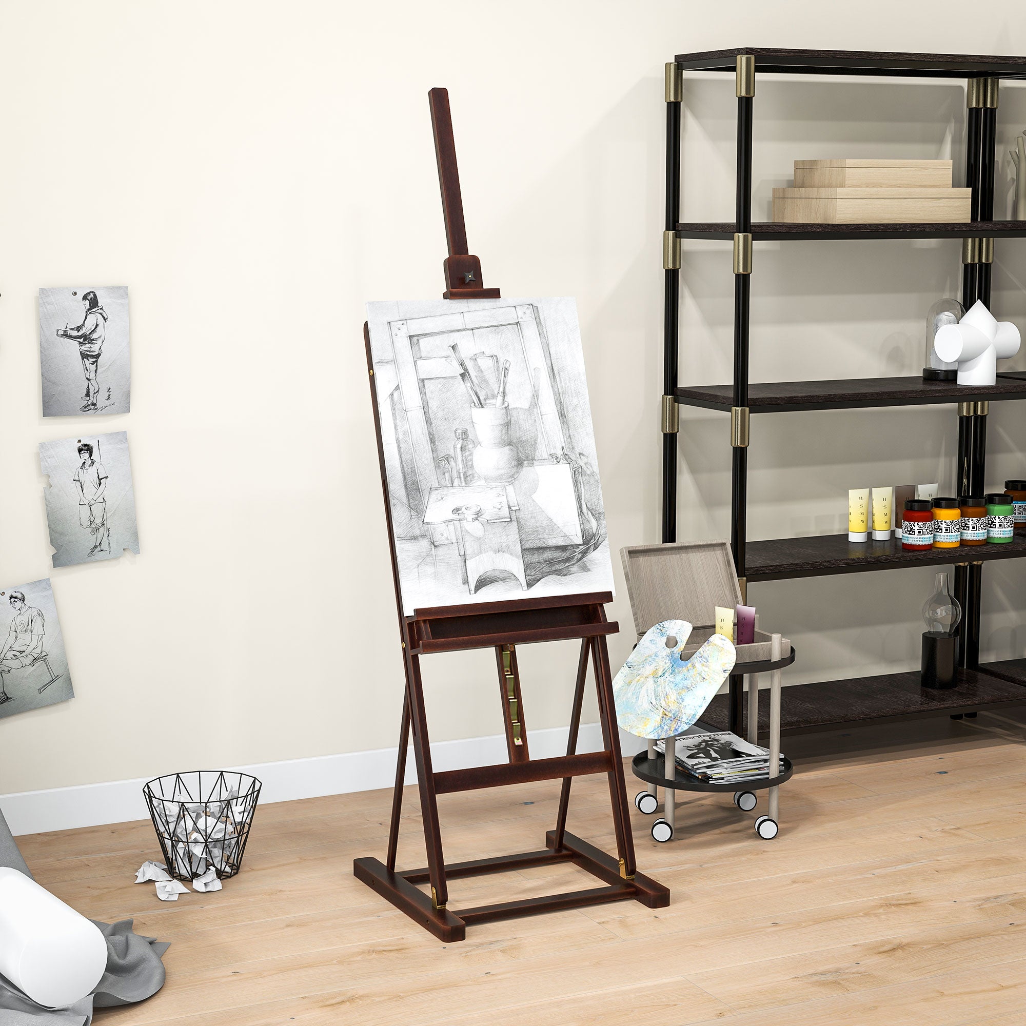 HOMCOM Adjustable Beech Wood Artist Easel with Storage Compartment, 53x50.5x171-230cm