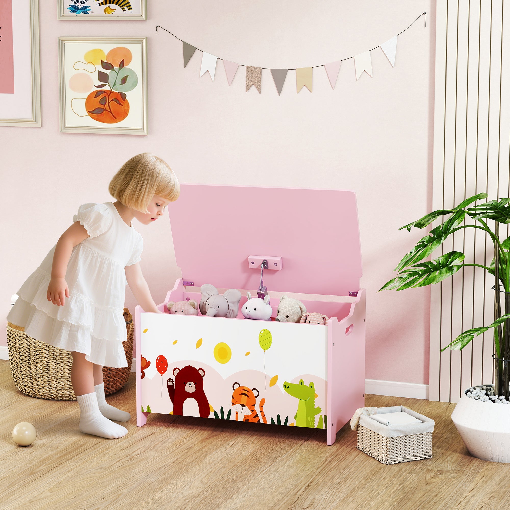 Children's Toy Storage Chest with Safety Hinges, Wooden Animal Design, 60x37x39 cm, Pink