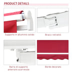 4x2.5m Hand Cranked Metal and Aluminum Outdoor Awning, Dark Red
