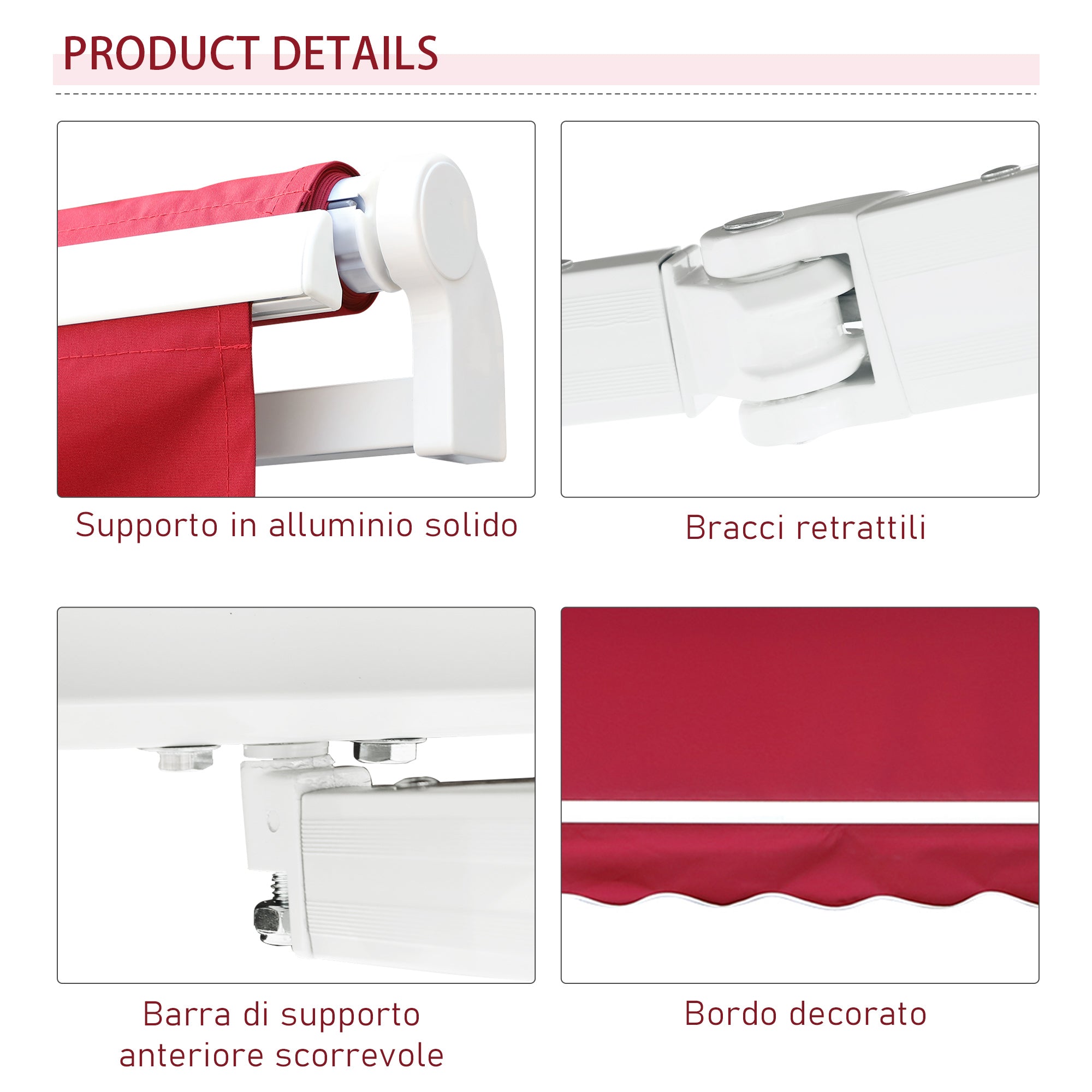 4x2.5m Hand Cranked Metal and Aluminum Outdoor Awning, Dark Red