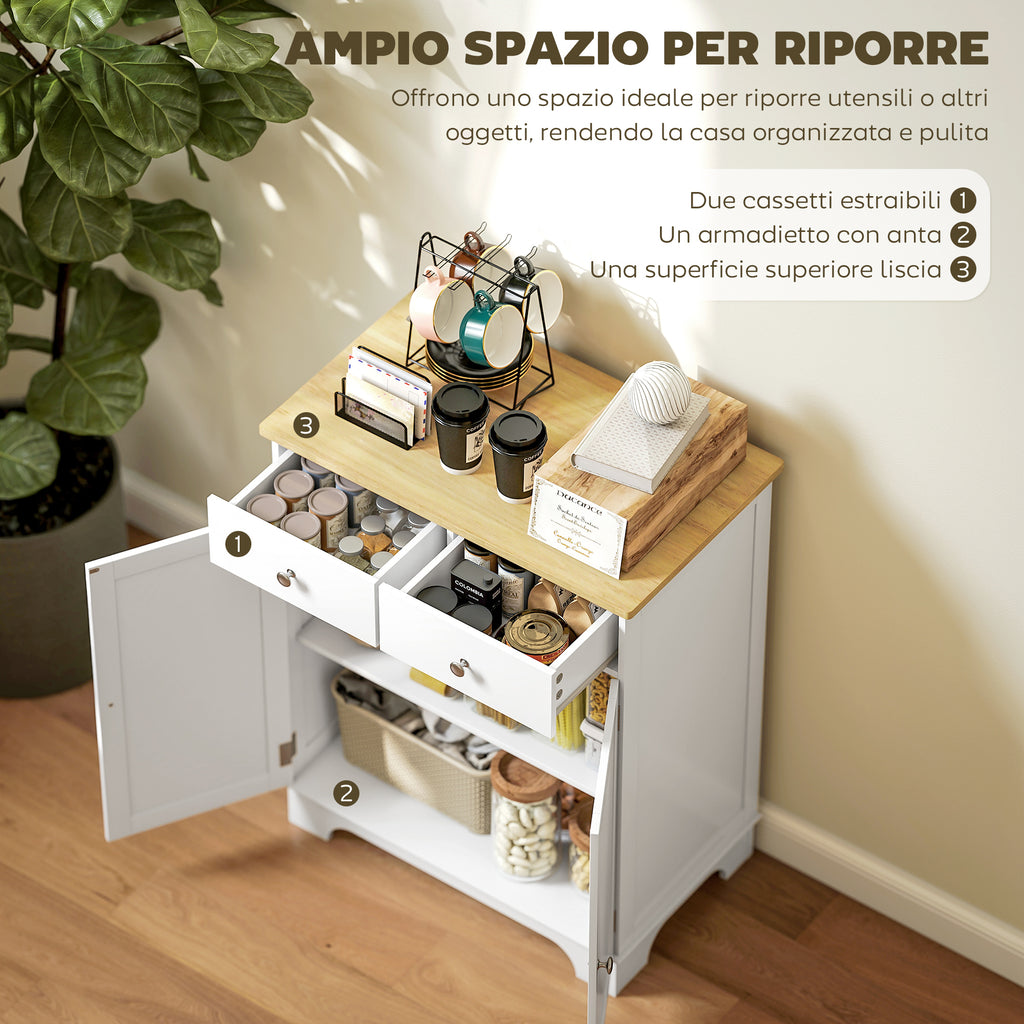 Low Sideboard with 2-Door Cabinet, Adjustable Shelves and 2 Drawers, White and Wood