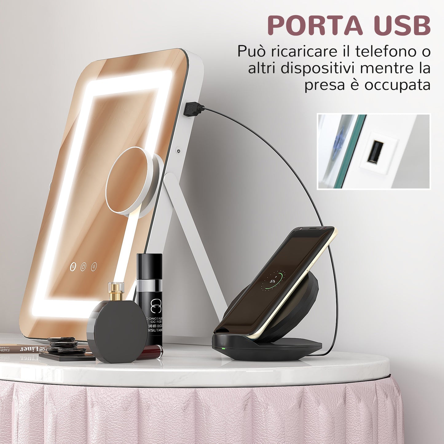 Makeup Mirror with 3-Color Adjustable Lights, USB Socket and 10x Magnifying Mirror, 31x41.5x3cm, White