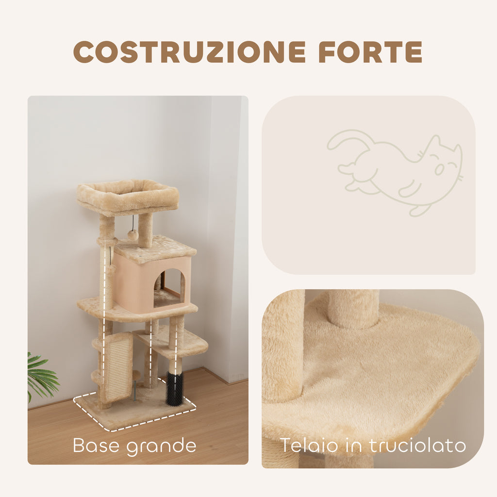 Multi-Level Cat Tree, 104 cm Tall, with House, Bed, Scratching Posts, Brush and Ball, Beige