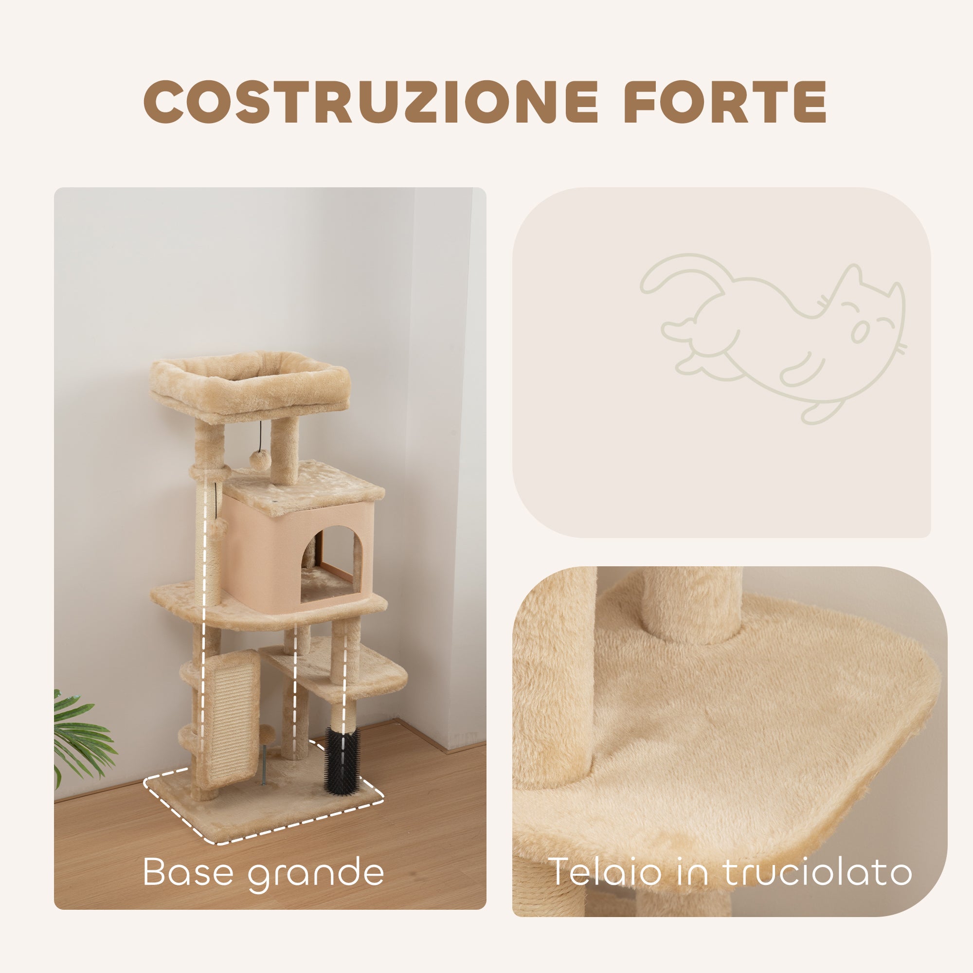 Multi-Level Cat Tree, 104 cm Tall, with House, Bed, Scratching Posts, Brush and Ball, Beige