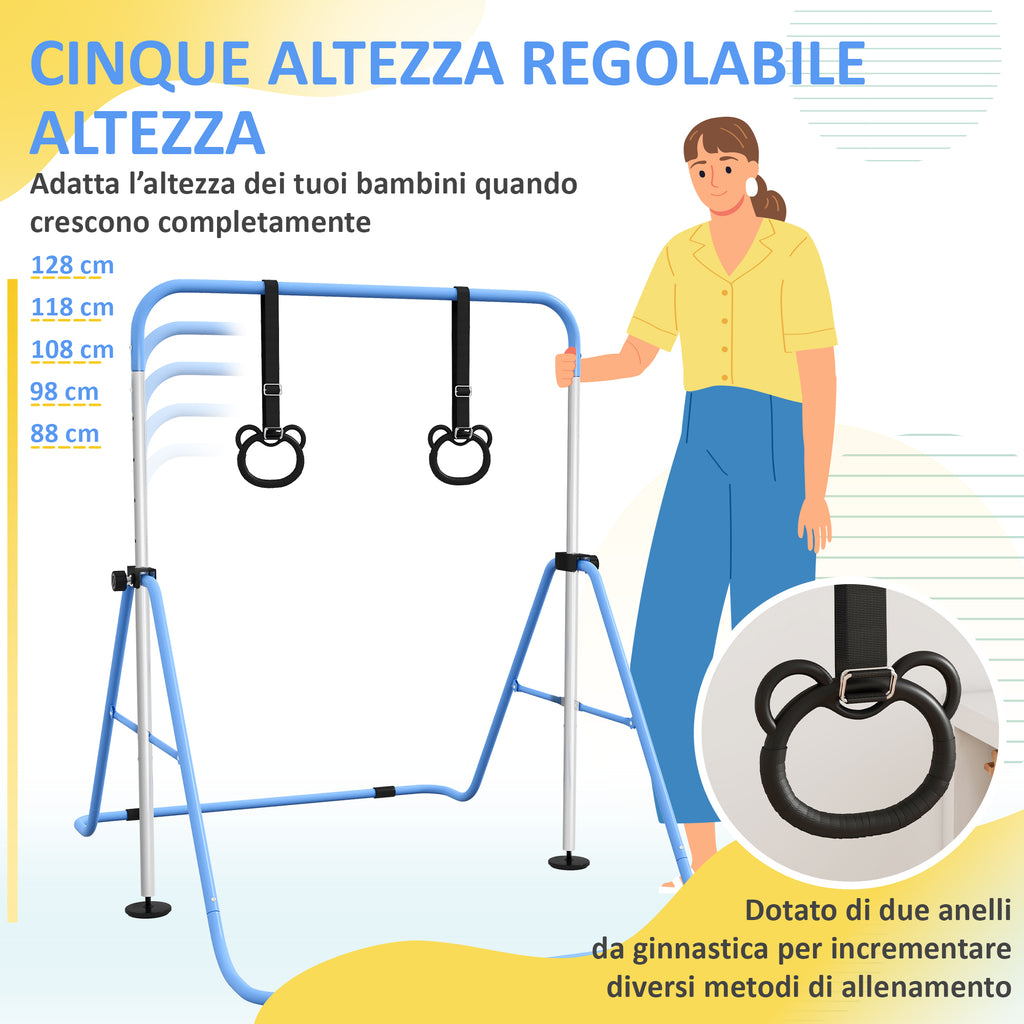 HOMCOM Height-Adjustable Gymnastics Bar for Children with 2 Rings, Steel, 148x105x88-128 cm, Blue