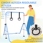 HOMCOM Height-Adjustable Gymnastics Bar for Children with 2 Rings, Steel, 148x105x88-128 cm, Blue