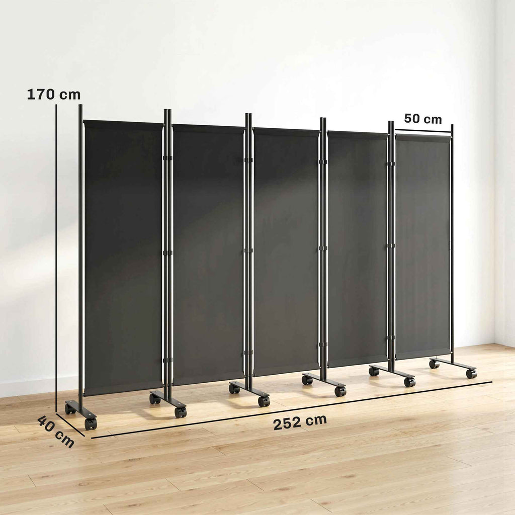 Outsunny 5-Panel Decorative Steel Room Divider with 12 Wheels and Connection Clips, Black