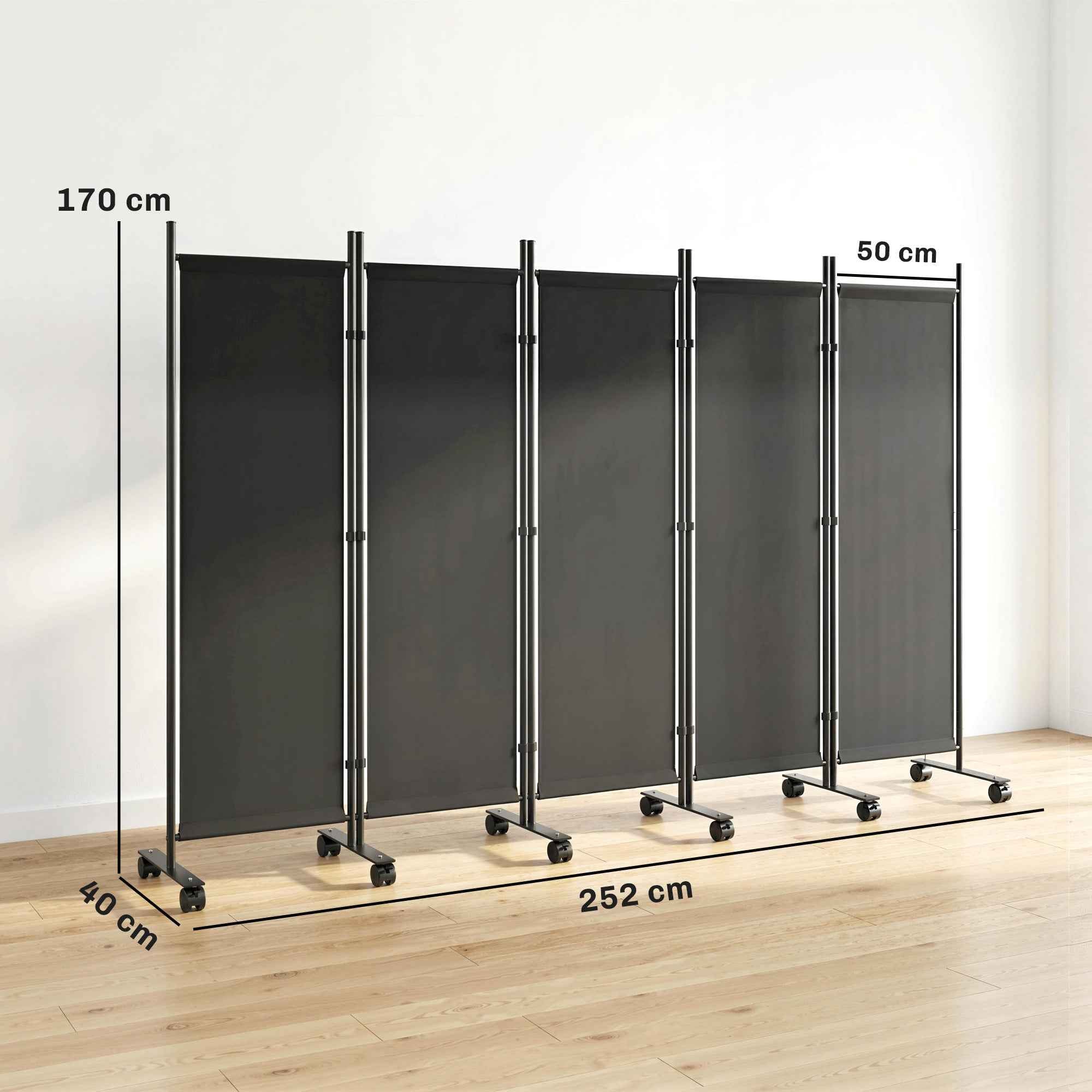 Outsunny 5-Panel Decorative Steel Room Divider with 12 Wheels and Connection Clips, Black