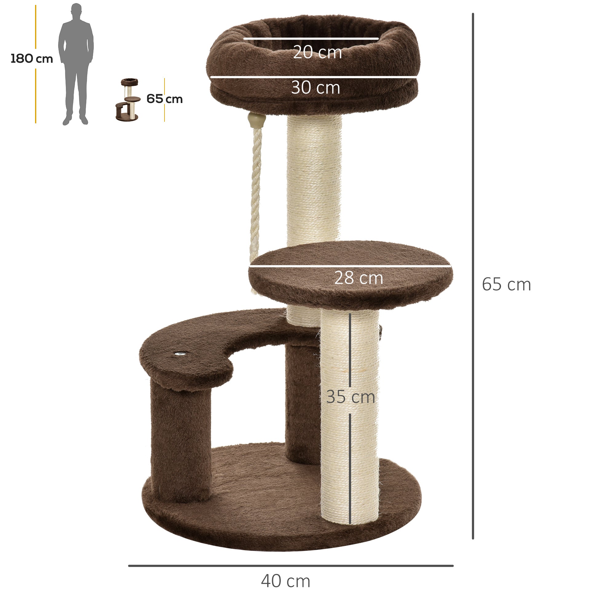 3-Tier Cat Scratching Tree with Plush Bed and Sisal Poles, Ø40x65 cm, Brown