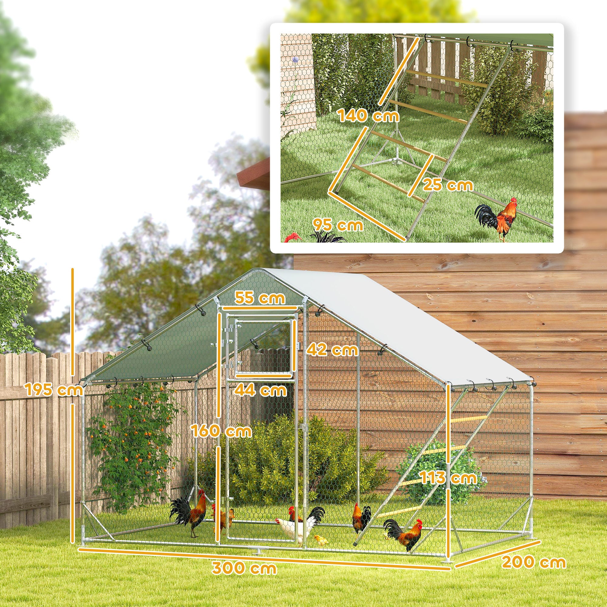 6m² Chicken Coop for 6-8 Animals with Waterproof Roof, Feeder and Perch, 3x2x1.9m, Silver