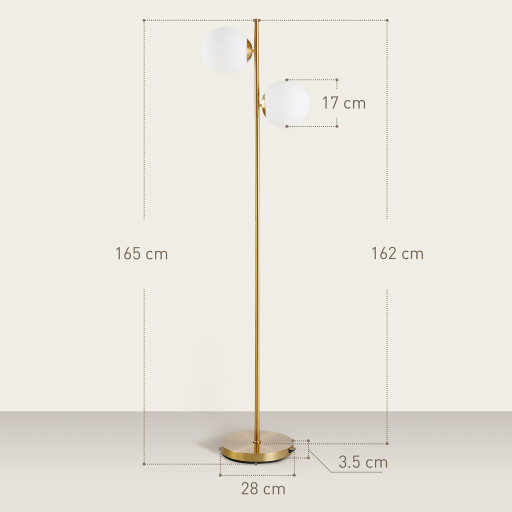 Floor Lamp with 2 Lights and Sphere Lampshades, Foot Switch and E27 Socket, Ø28x165 cm, Gold