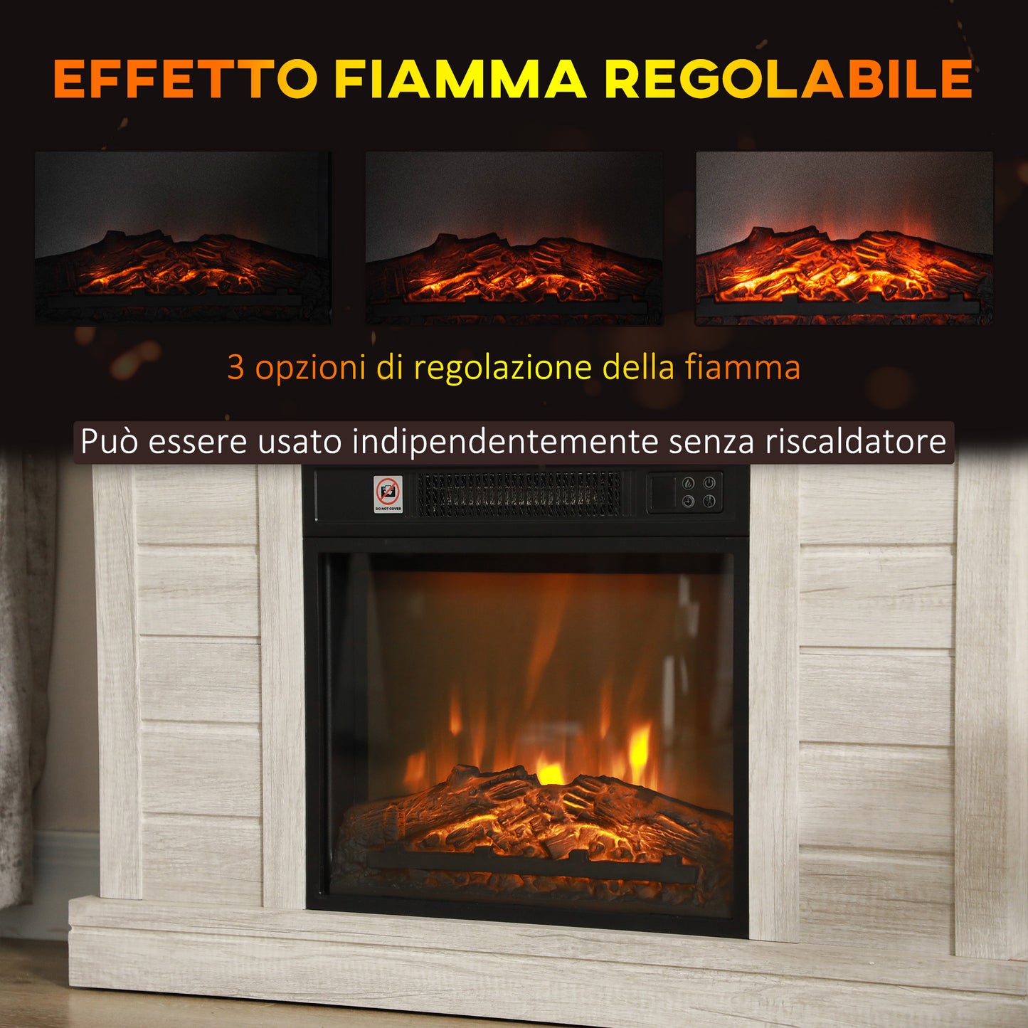 Electric Fireplace 1800W with Flame Effect and Remote Control, in Wood, Metal and Glass, 96.5x22x81.7 cm, Light Grey