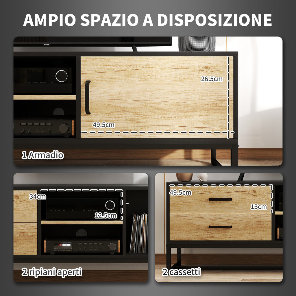 TV Cabinet 60" with Cabinet, 2 Drawers and Open Shelves, 140x35x45 cm, Natural Wood