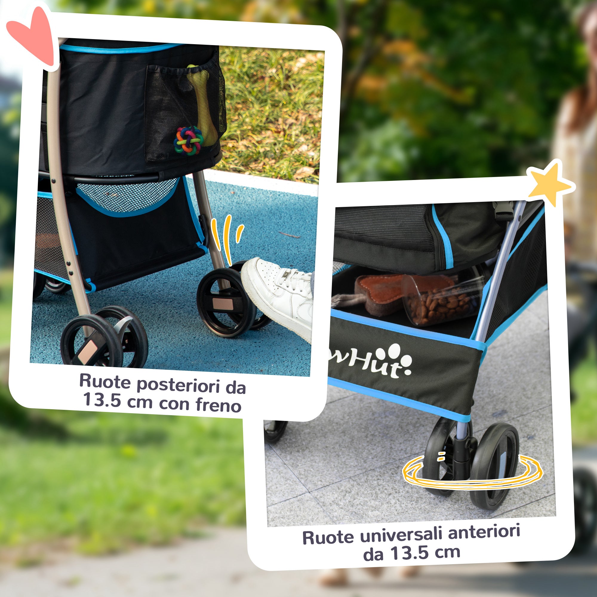 Convertible Dog Stroller with 2 Leashes and Cushion, in Steel and Polyester, 82x49.5x98 cm, Light Blue and Black