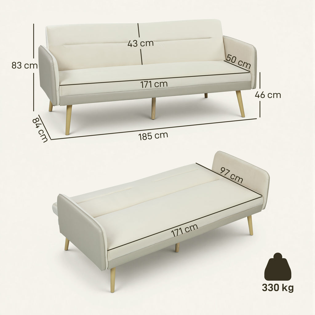 3-Seater Sofa Bed with Reclining Backrest and Velvet Upholstery, 185x84x83 cm, Beige