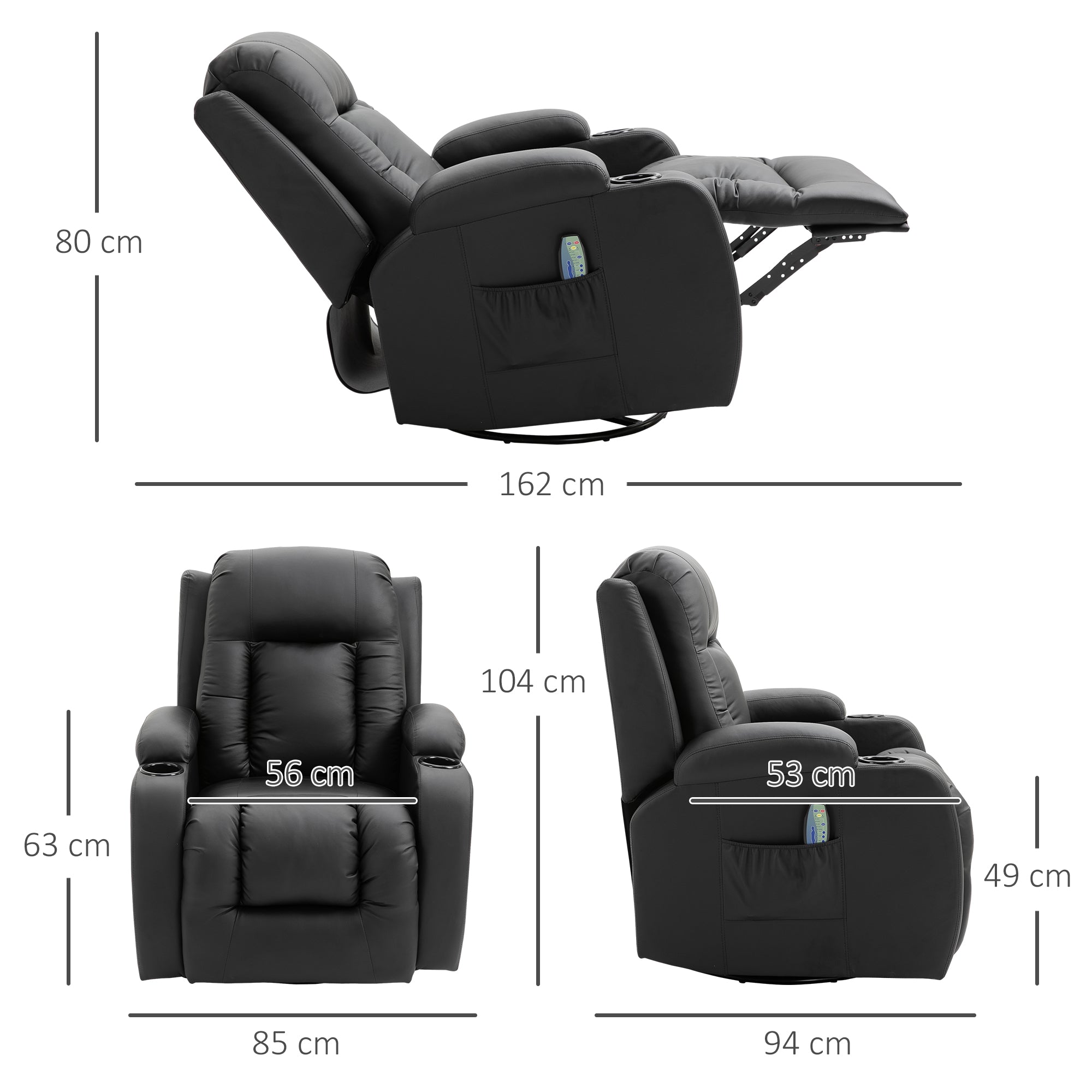 Homcom Relaxable relaxation armchair up to 150 ° in fake skin with 8 massage and heating points, black - Borgè