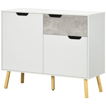 Living Room Cabinet with 2 Doors and Drawer in Chipboard and Pine, 98x39x81.5 cm, Grey and White