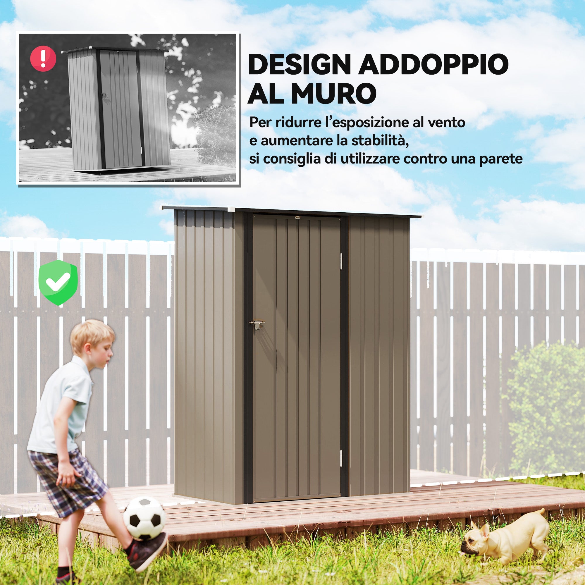 Outsunny Metal Tool Shed with Sloped Roof and Lockable Door, 142x86x189 cm, Brown