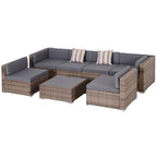 7-Piece Rattan Garden Lounge Set with Coffee Table and Modular Sofa with Cushions, Grey - Borge' Group Limited