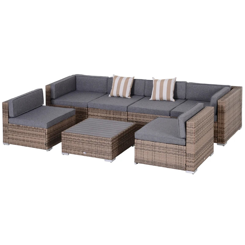 7-Piece Rattan Garden Lounge Set with Coffee Table and Modular Sofa with Cushions, Grey - Borge' Group Limited