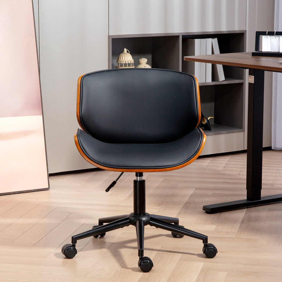 HOMCOM PU Leather Swivel Desk Chair, Armless with Adjustable Height, Mid-Century Modern Style, Black