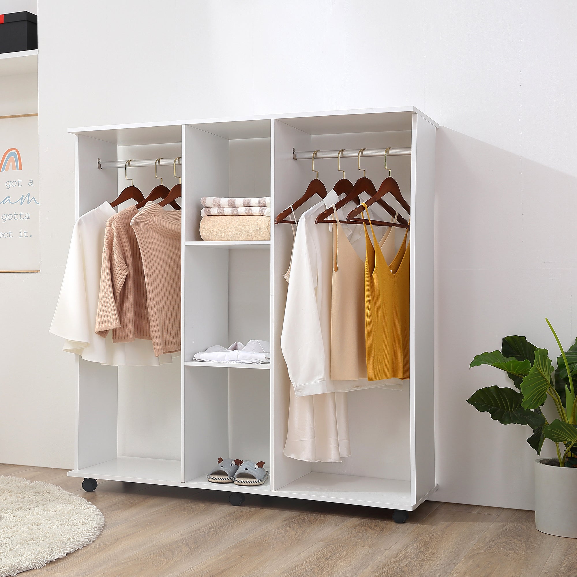Wardrobe with Wheels, 2 Rods, and 3 Open Shelves, Made of Wood and Aluminum, 120x40x128 cm, White