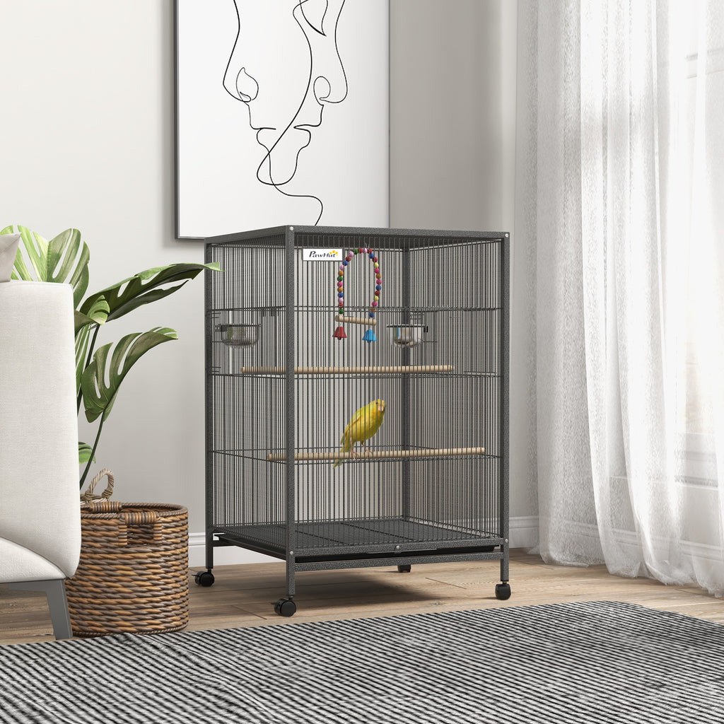 Pawhut for birds in steel and pp with 5 doors, 2 posees and removable tray, 48x46x74 cm, gray - Borgè