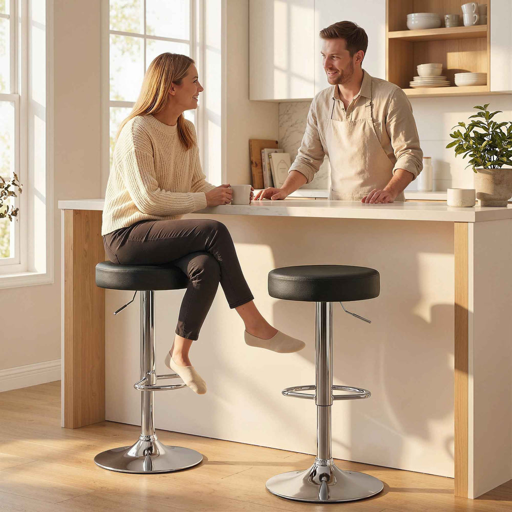 Set of 2 Modern Adjustable Bar Stools, PU Leather, Sponge, and Metal, 38.5 x 38.5 x 62-84 cm, Black