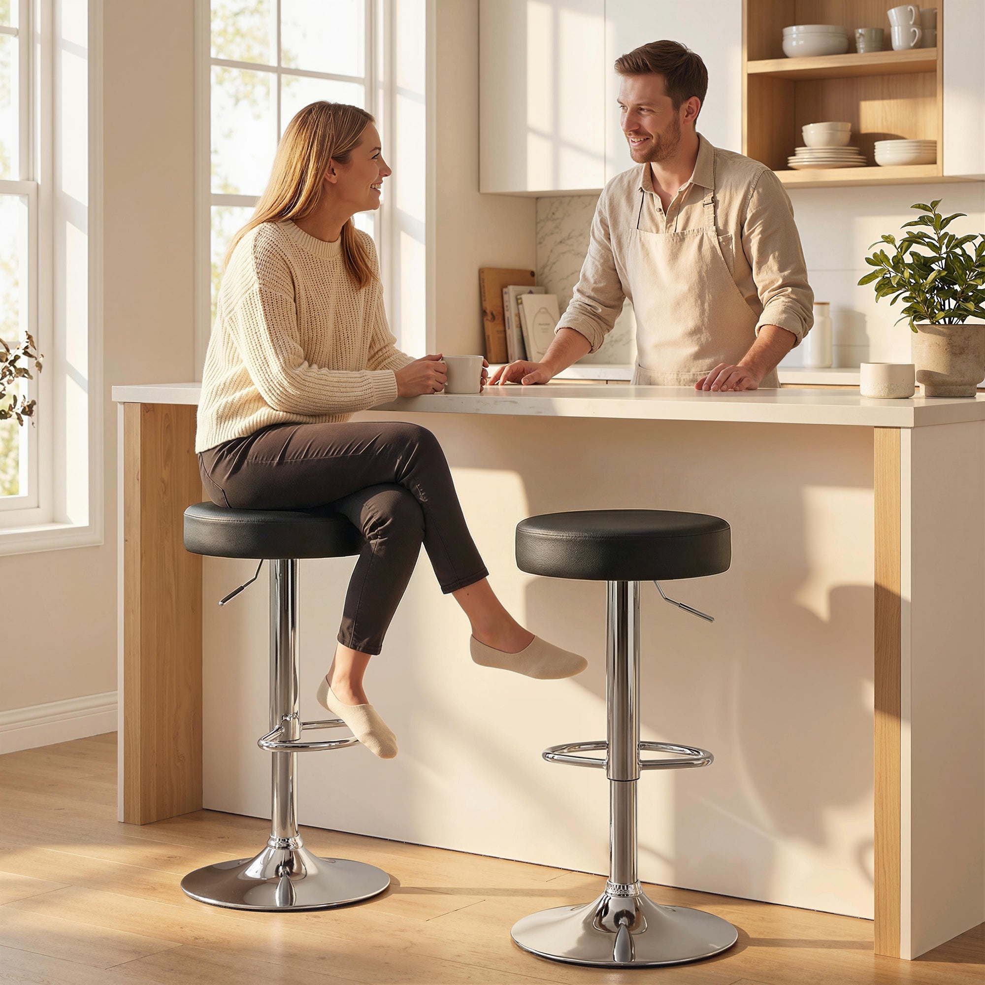 Set of 2 Modern Adjustable Bar Stools, PU Leather, Sponge, and Metal, 38.5 x 38.5 x 62-84 cm, Black