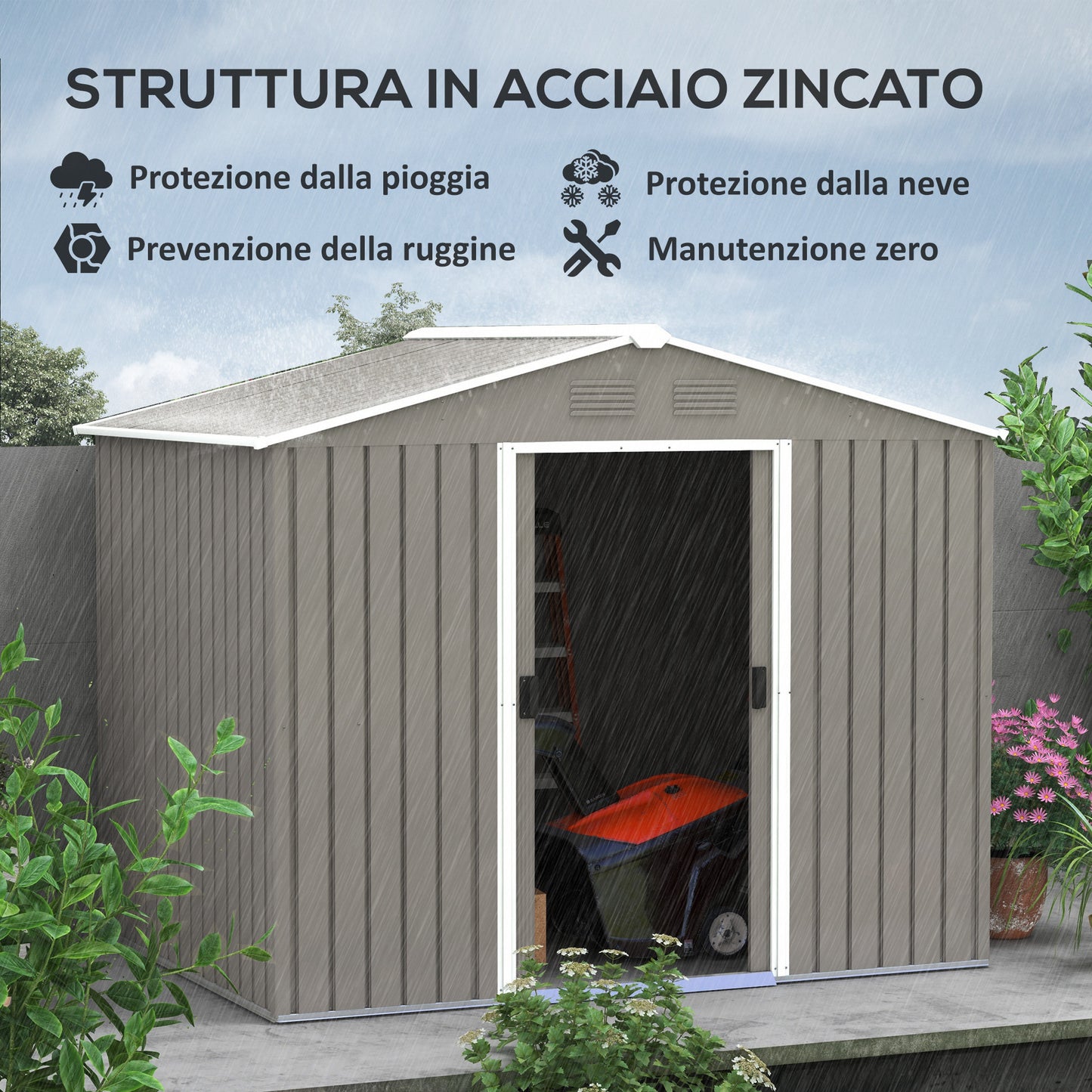 Steel Sheet Garden Shed with Sliding Doors, 236x174x190cm, Grey