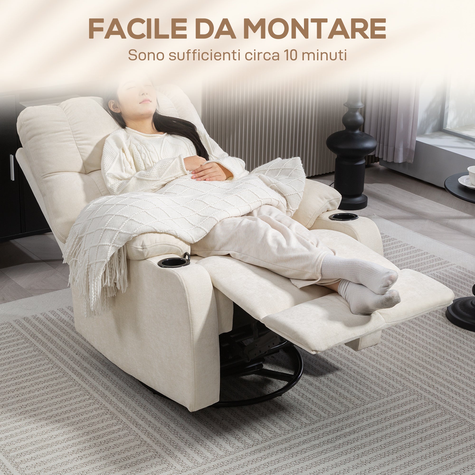 135° Reclining Chair with Cup Holder and Footrest, Linen Effect Fabric, 88x96x108 cm, Beige