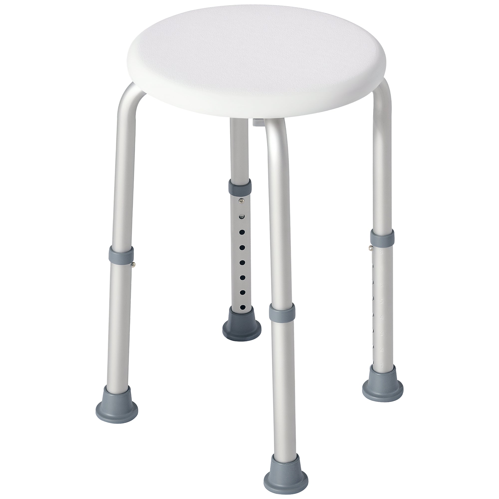 Round Shower Stool for the Elderly, Disabled Bath Chair with 8-Position Adjustable Height, Non-Slip Feet, Made of Aluminum and PE, White