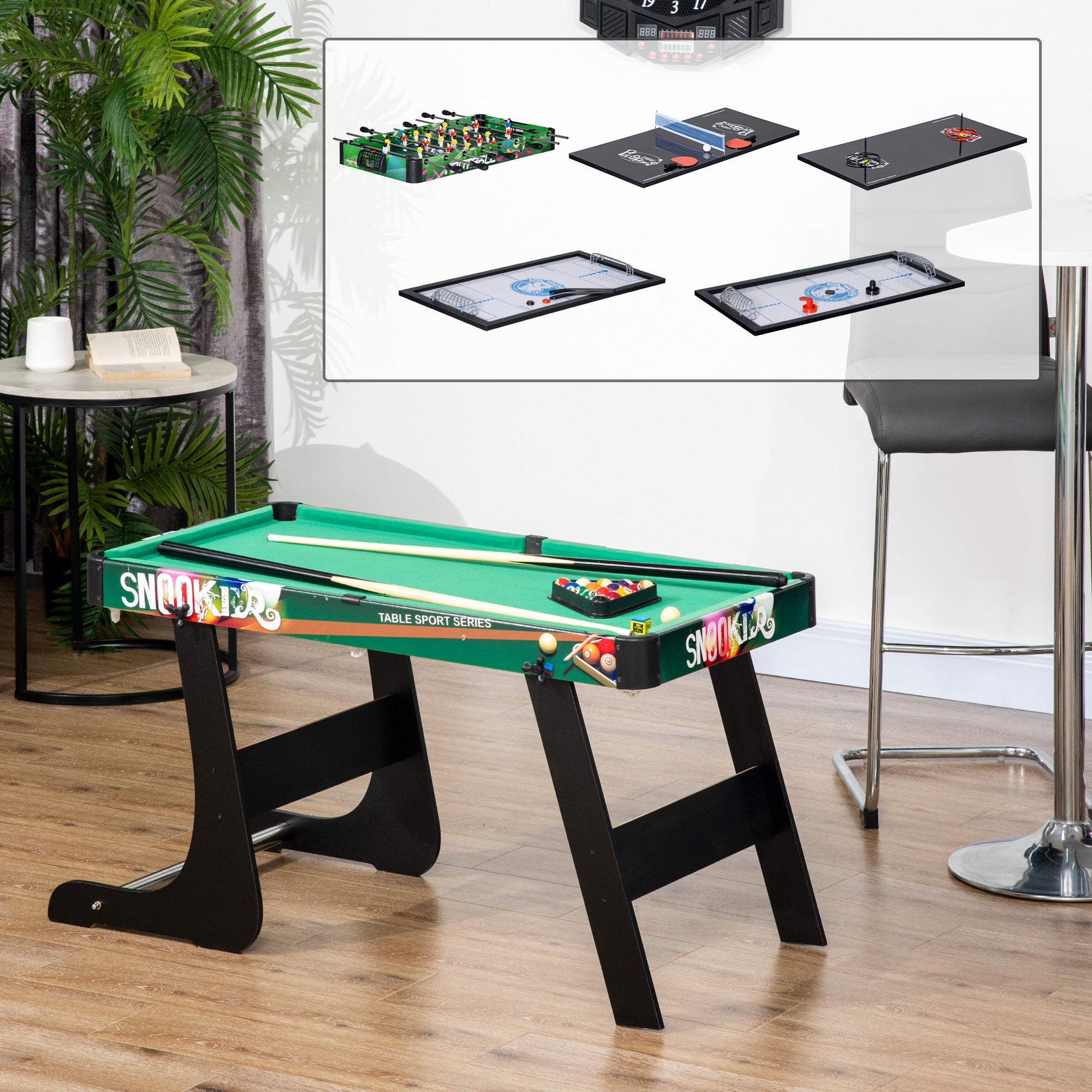 6-in-1 Game Table with Table Football, Pool Table, Air Hockey, Ping Pong, Rings and Field Hockey, 118x104x71 cm
