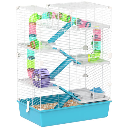 6 Level Hamster Cage with Tunnel, Wheel, Ramps, House, Bottle and Bowl, Blue