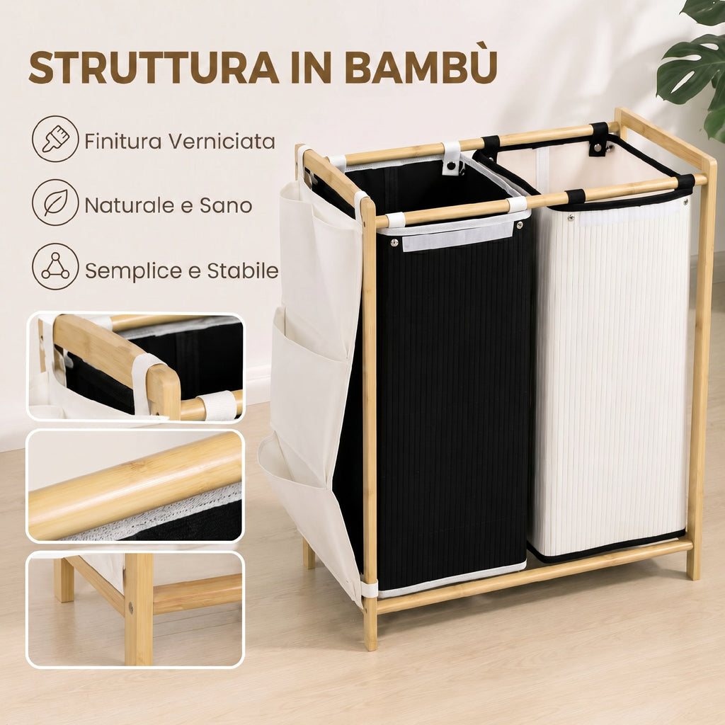HOMCOM 120L 2-Compartment Laundry Hamper with Lids, Side Pockets, Removable Bags for Bedroom